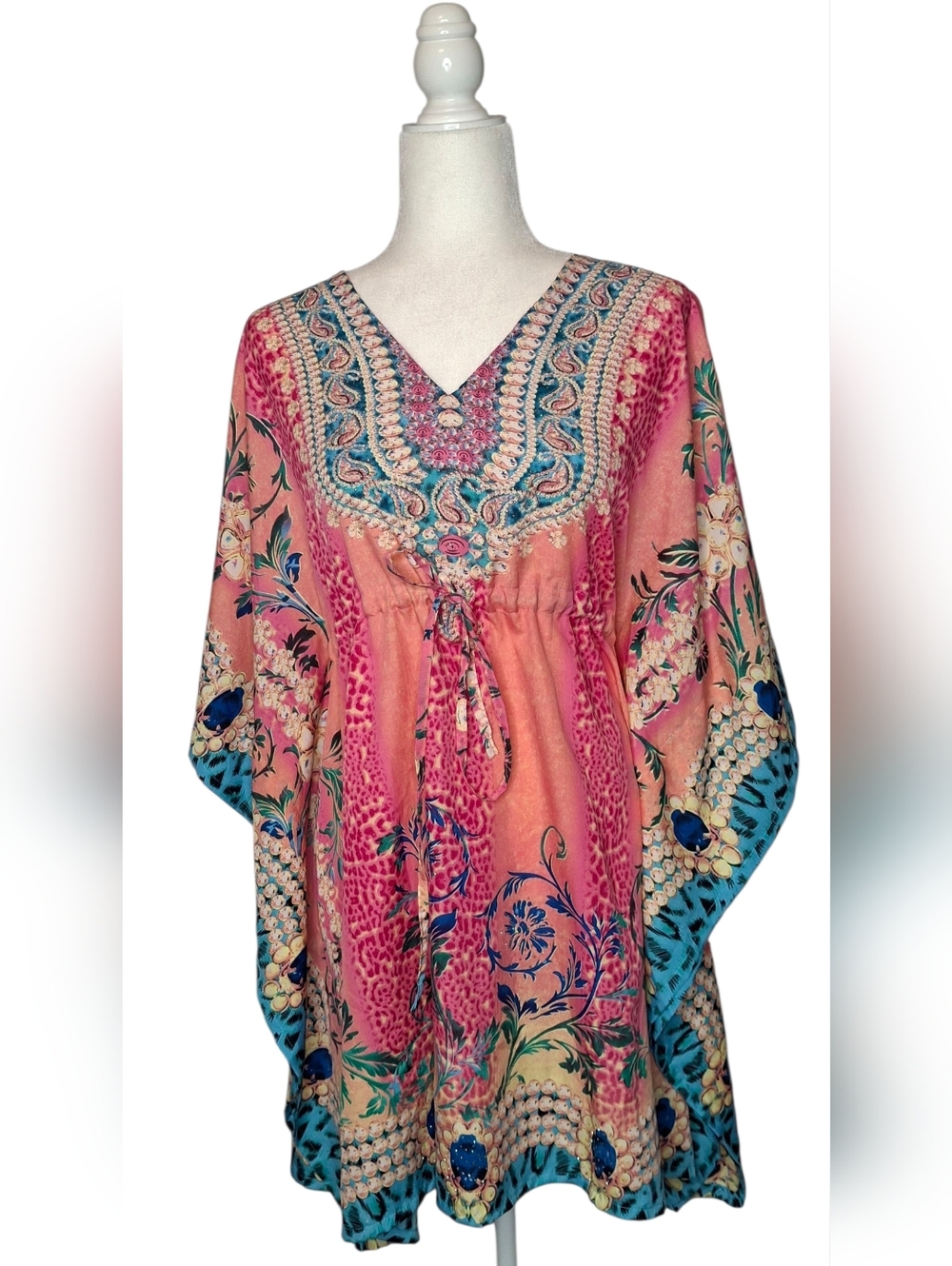 Boho Pink Floral Paisley Kaftan Dress Coverup Drawstring Waist Resortwear OSFM